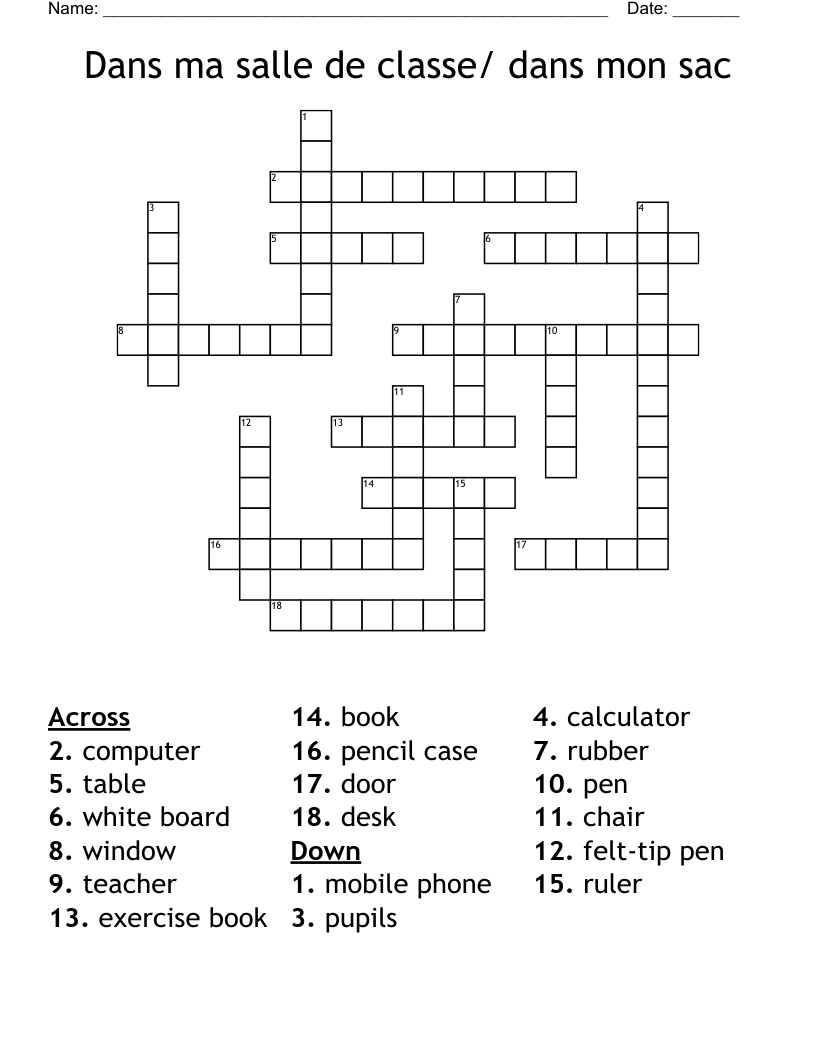 Dans ma salle de classe/ dans mon sac Crossword