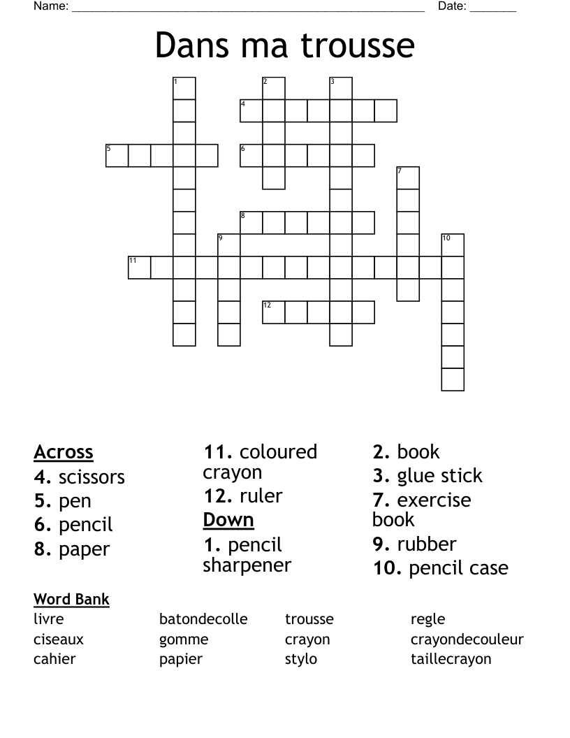 Dans ma trousse Crossword