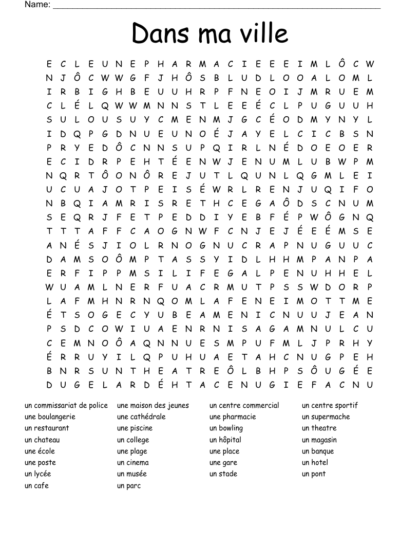 Dans ma ville Word Search