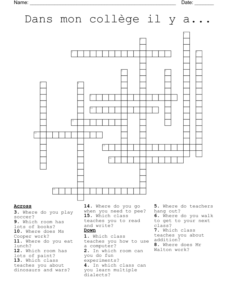 Dans mon collège il y a... Crossword