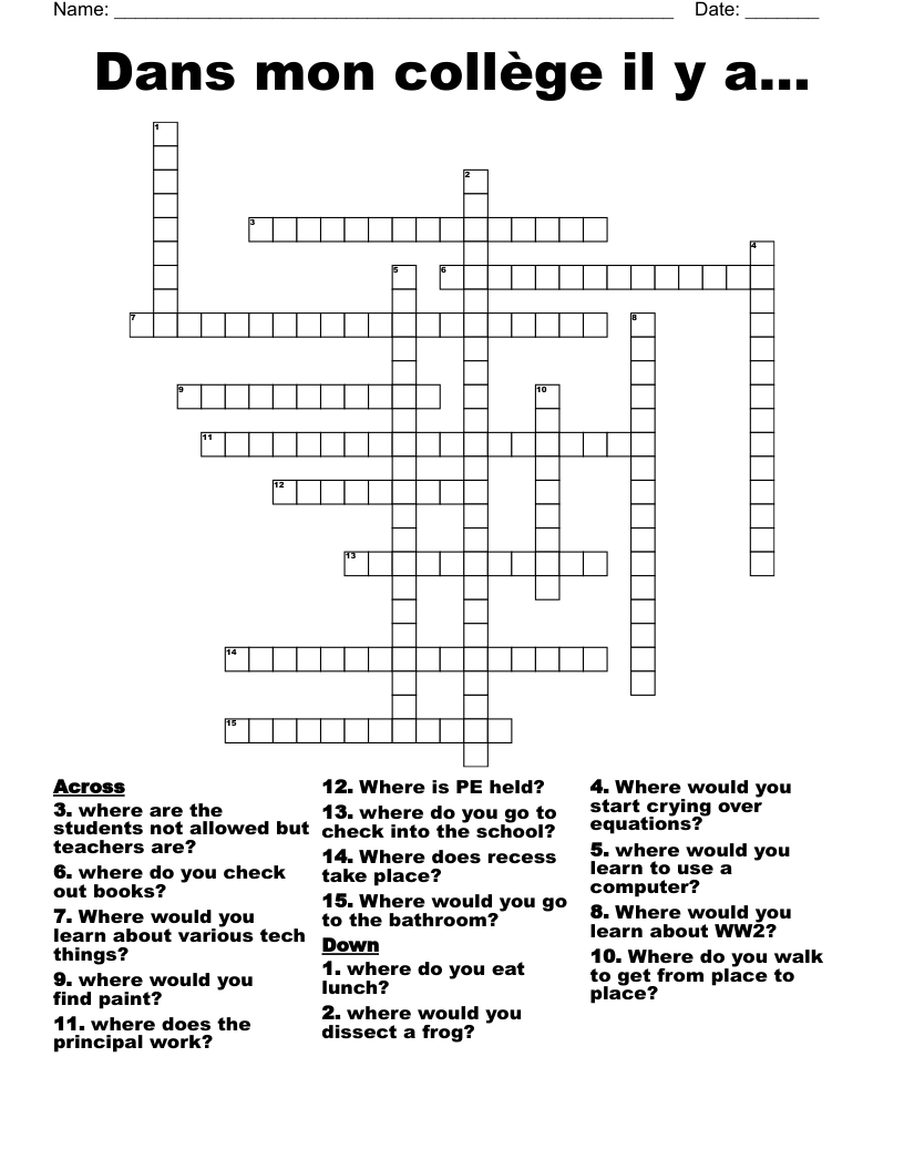 Dans mon collège il y a... Crossword