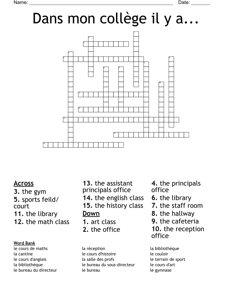 Dans mon collège il y a... Crossword