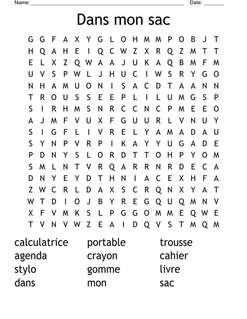 Dans mon sac Word Search