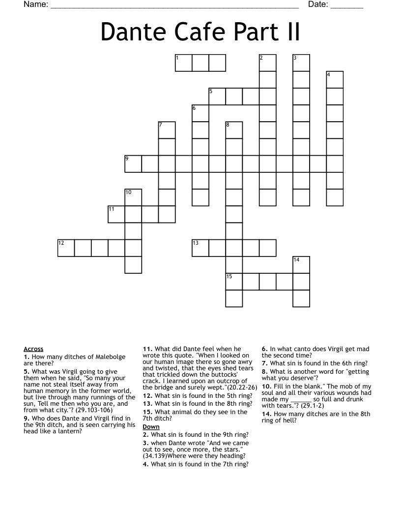 Dante Cafe Part II Crossword