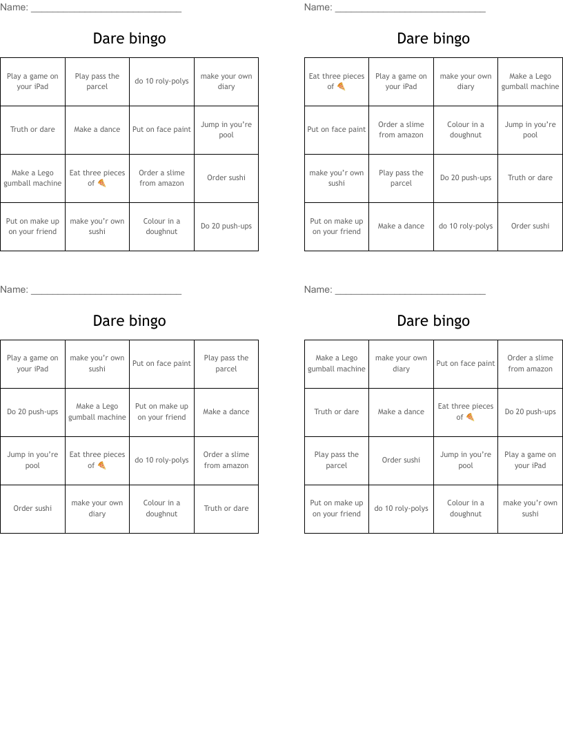 Dare bingo