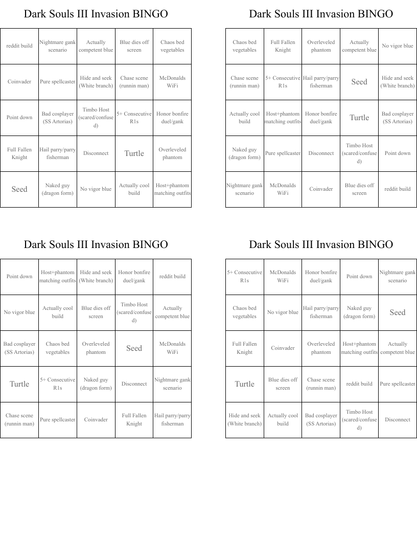 Dark Souls III Invasion BINGO