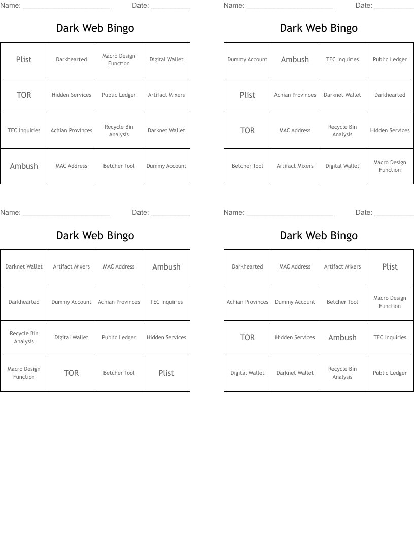 Dark Web Bingo