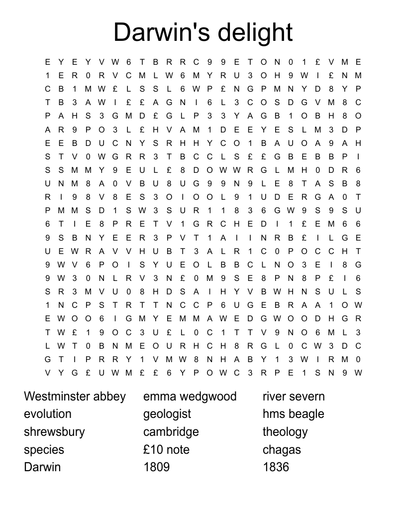 Darwin's delight Word Search