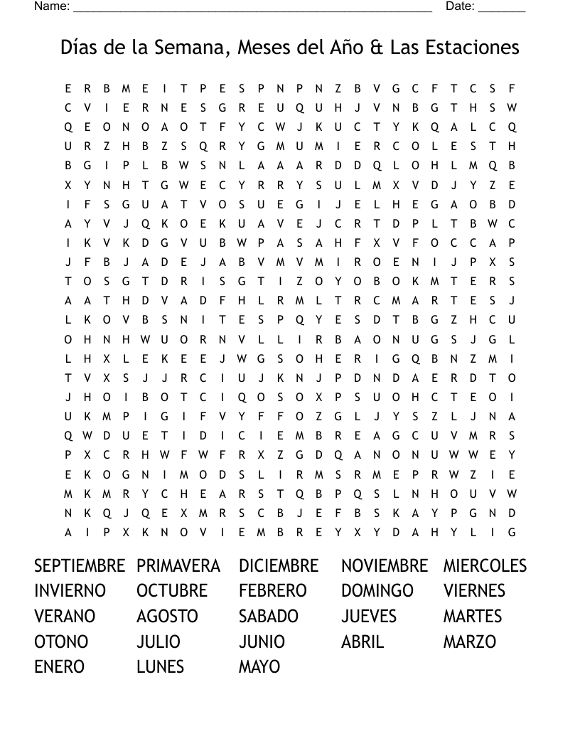 Días de la Semana, Meses del Año & Las Estaciones Word Search