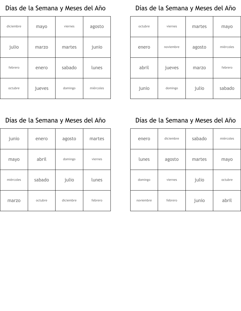 Días de la Semana y Meses del Año Bingo Cards