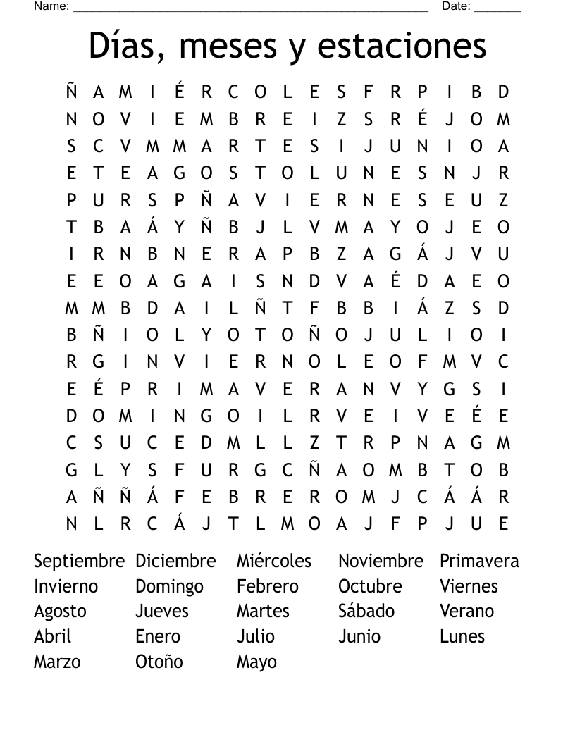 Días, meses y estaciones Word Search