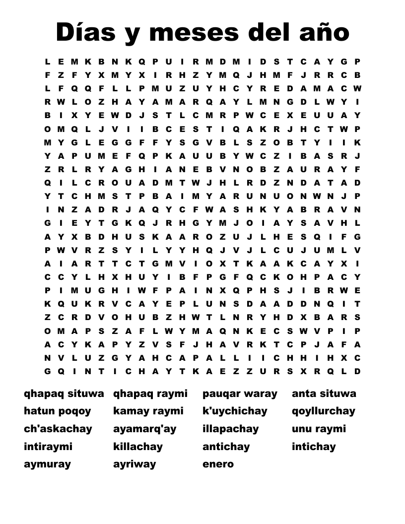 Días y meses del año  Word Search