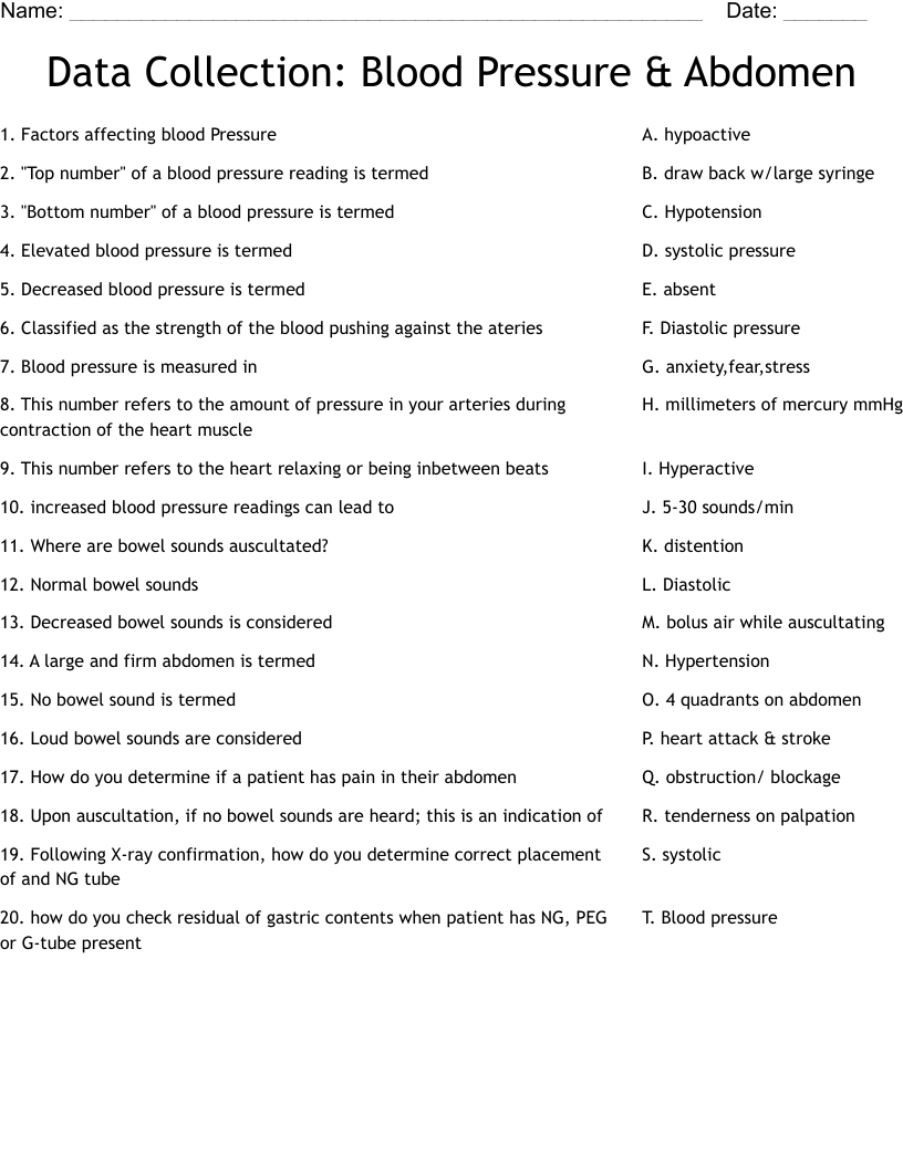 Data Collection: Blood Pressure & Abdomen Worksheet