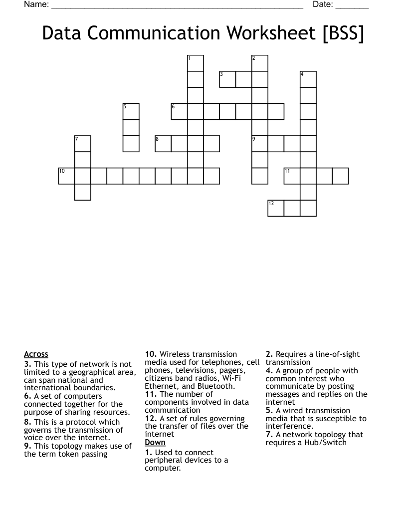 Data Communication Worksheet [BSS] Crossword