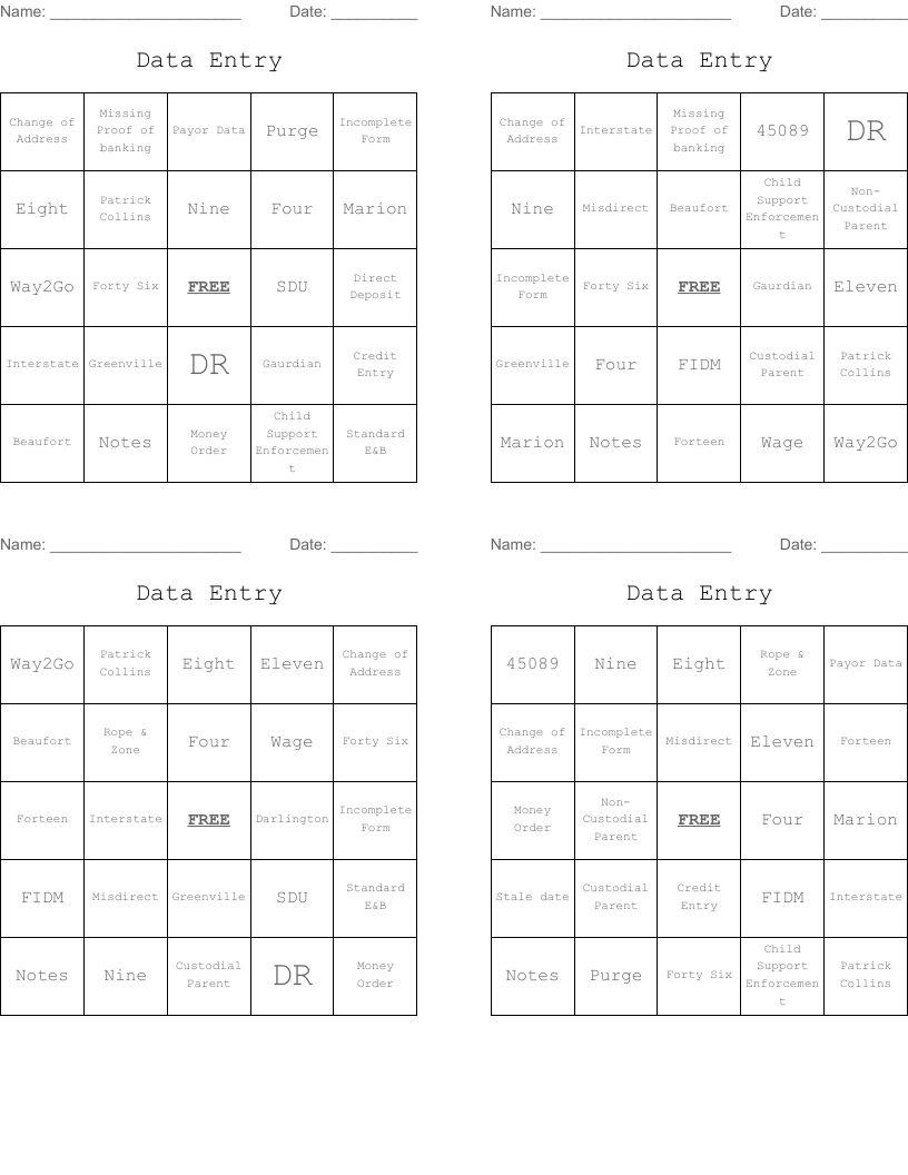 Data Entry Bingo Cards