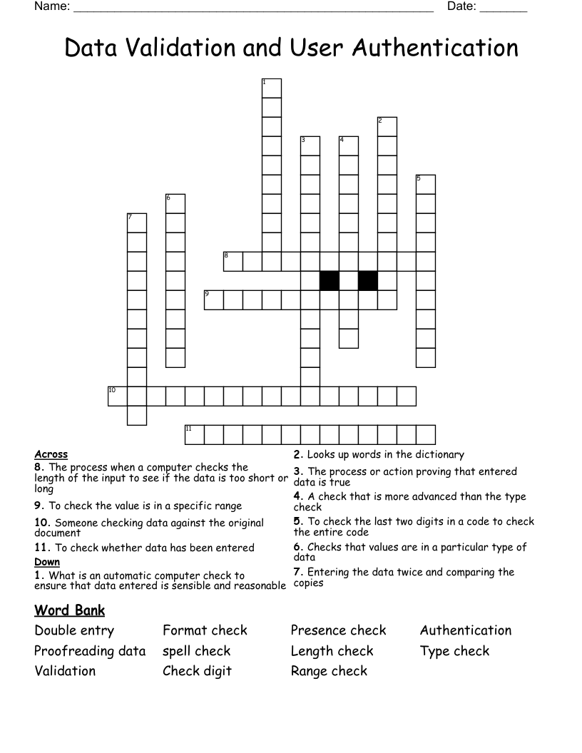 Data Validation and User Authentication  Crossword