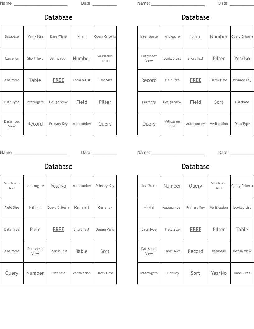 Database Bingo Cards