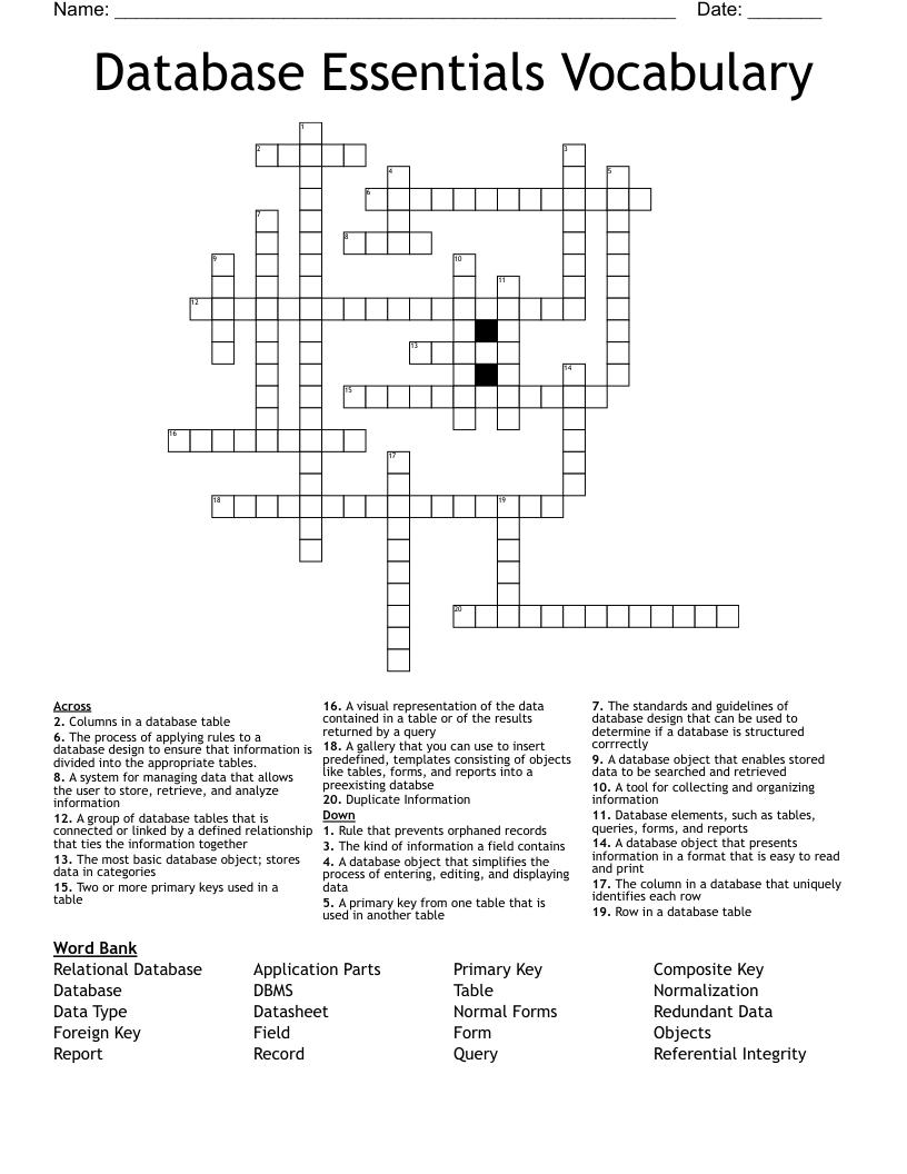 Database Essentials Vocabulary Crossword