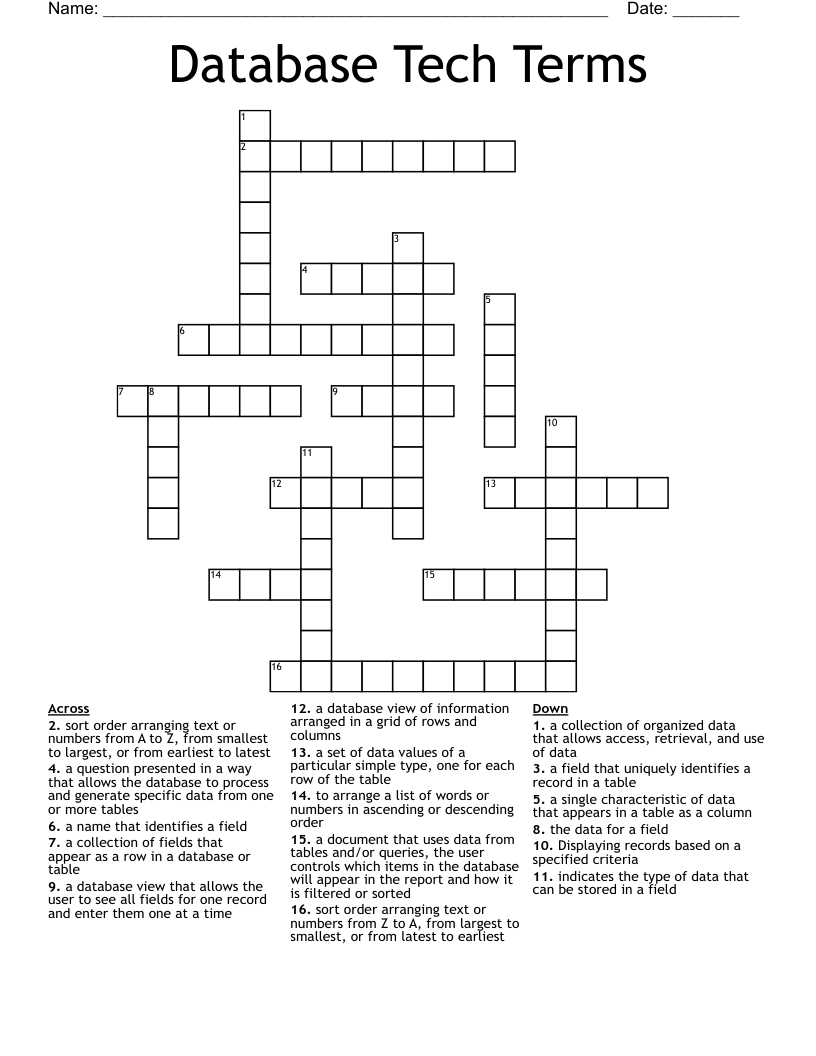 Database Tech Terms Crossword