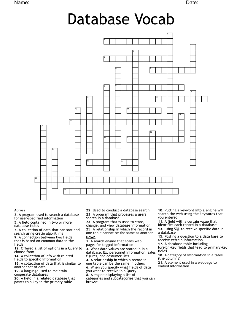 Database Vocab Crossword