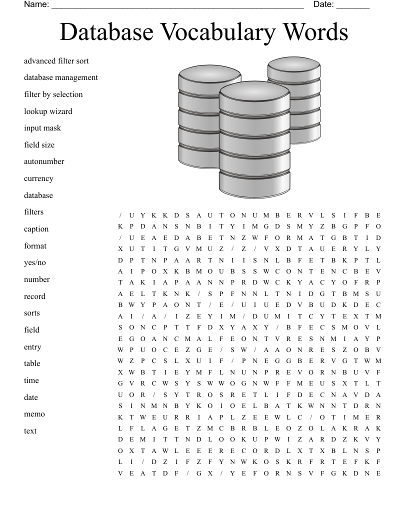 Database Vocabulary Words Word Search