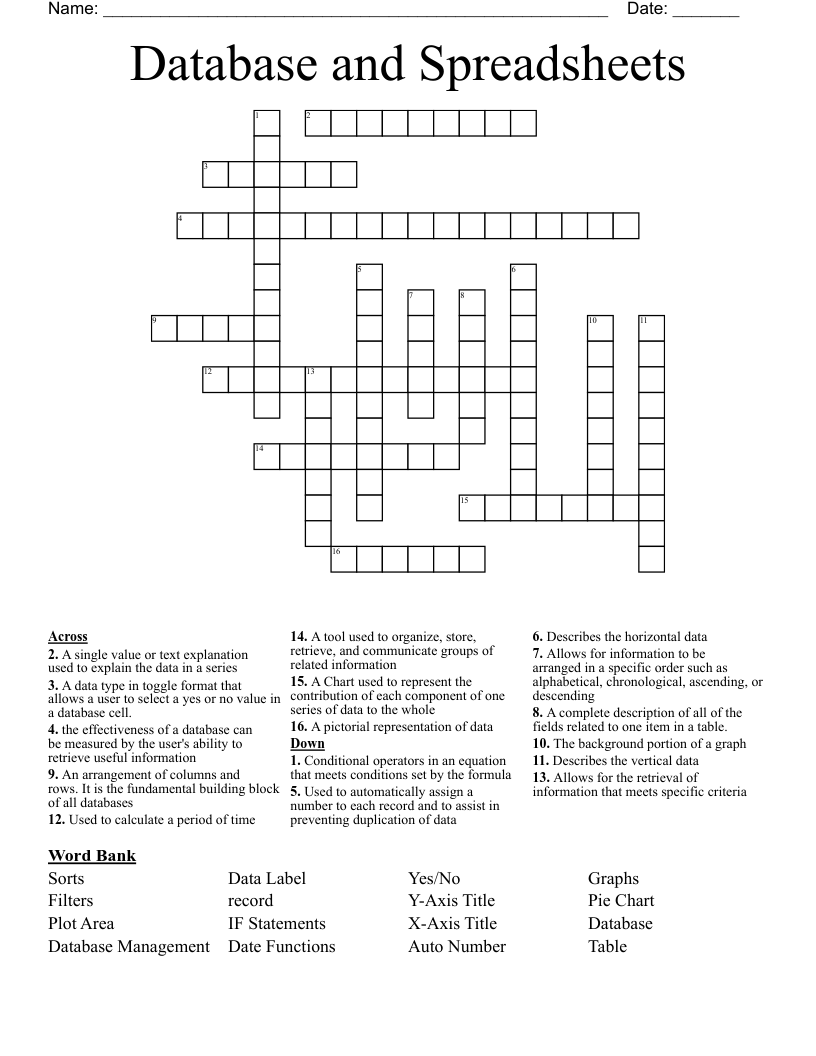 Database and Spreadsheets Crossword