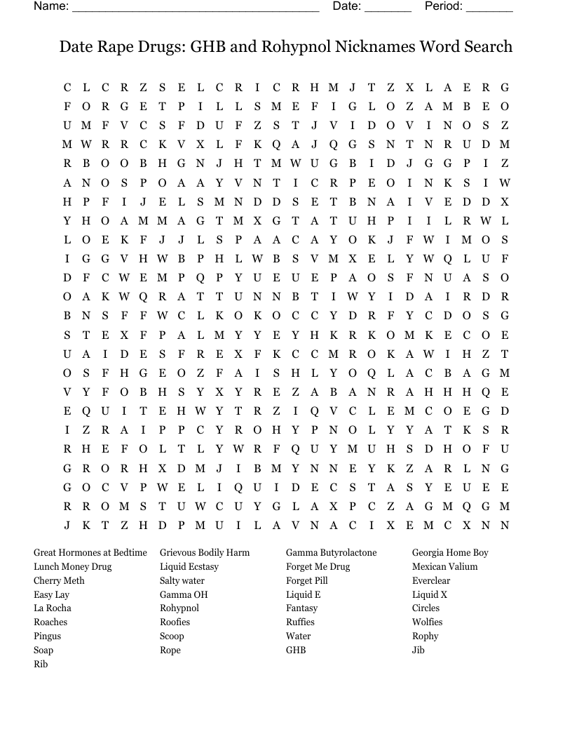 Date Rape Drugs: GHB and Rohypnol Nicknames Word Search