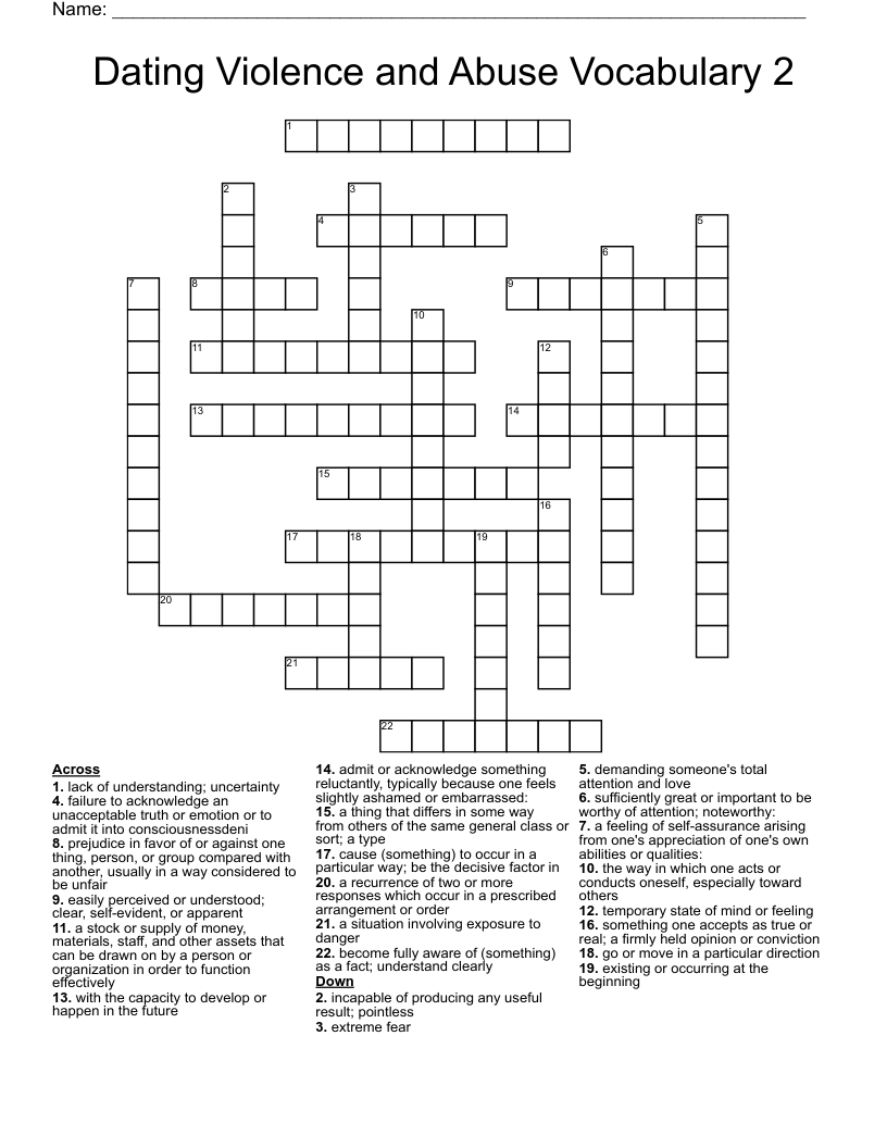 Dating Violence and Abuse Vocabulary 2 Crossword