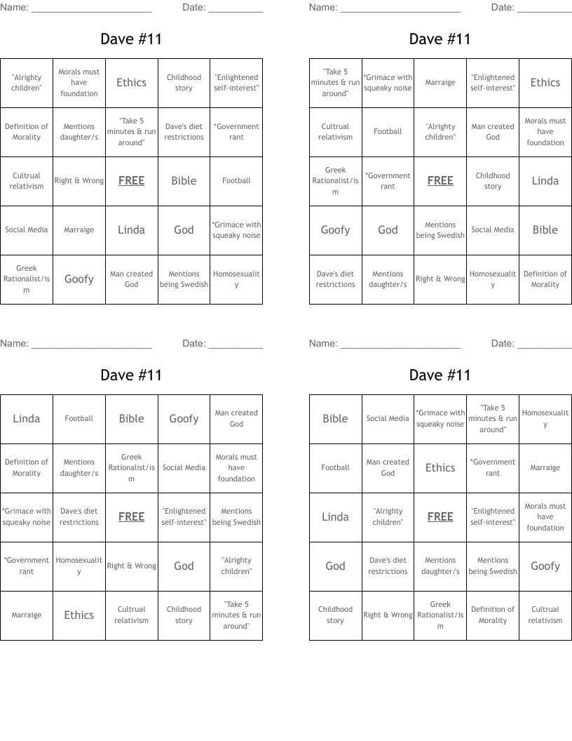 Dave #11 Bingo Cards
