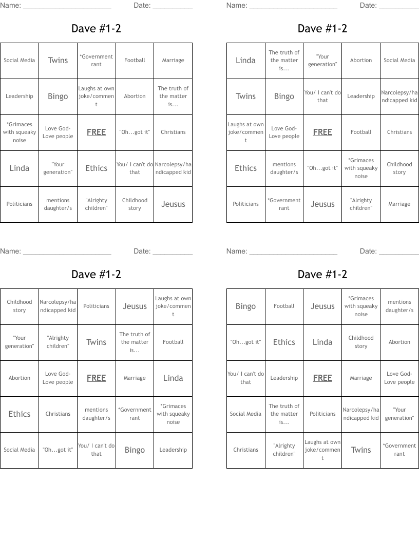 Dave #1-2 Bingo Cards