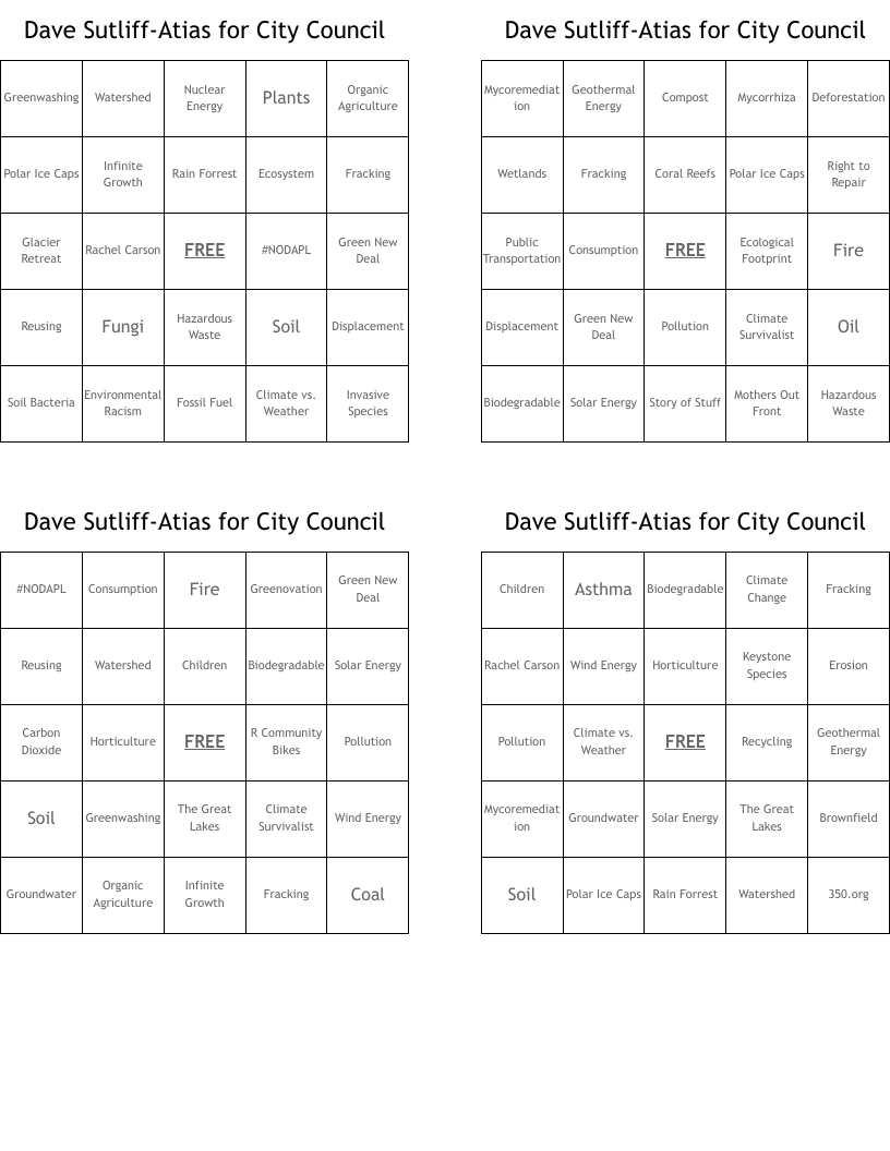 Dave Sutliff-Atias for City Council Bingo Cards