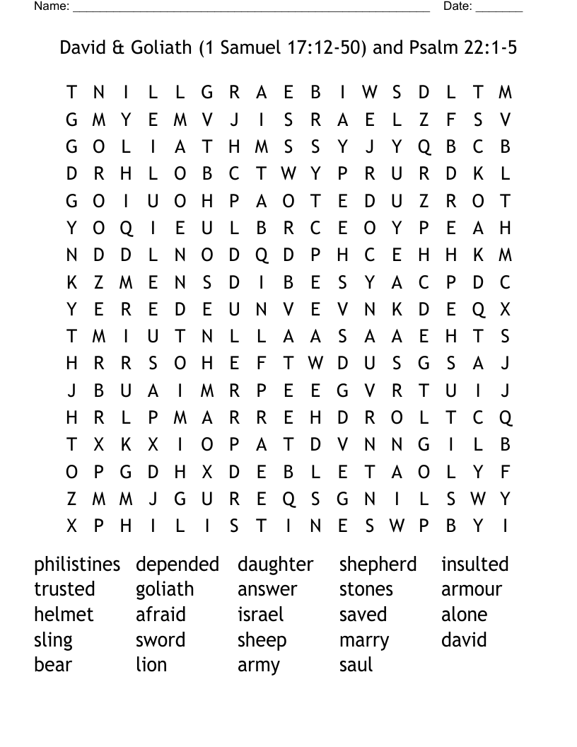David & Goliath (1 Samuel 17:12-50) and Psalm 22:1-5 Word Search