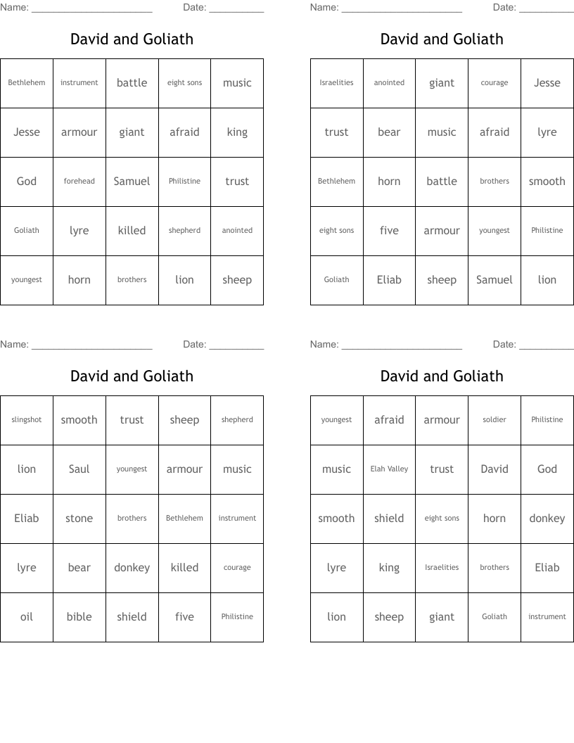David and Goliath Bingo Cards