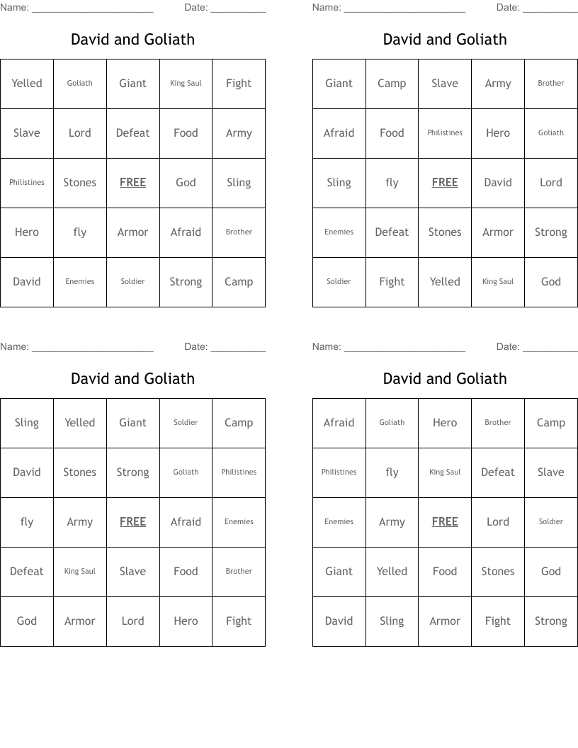 David and Goliath Bingo Cards