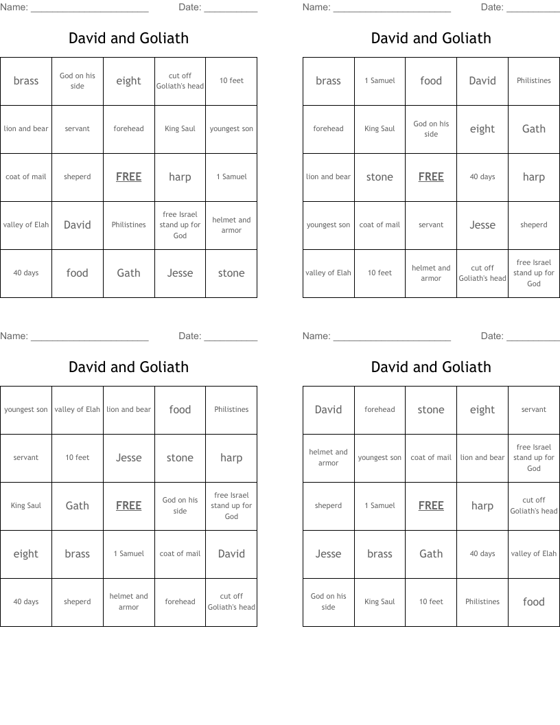 David and Goliath Bingo Cards