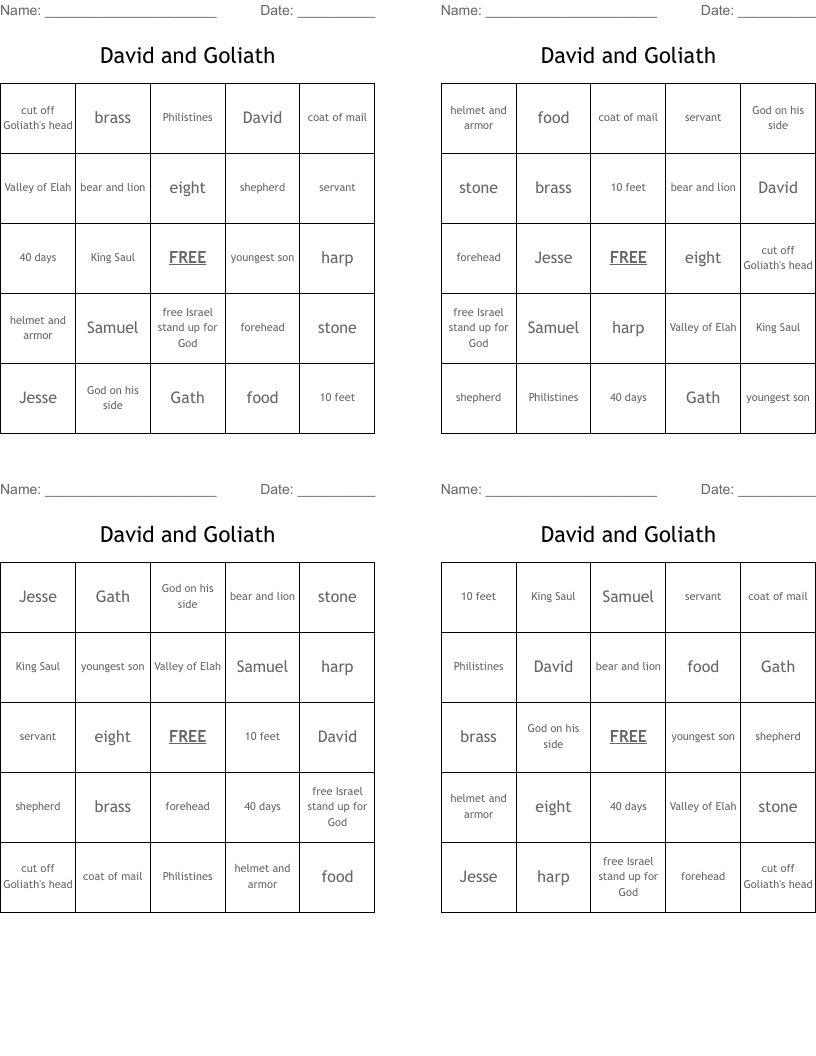 David and Goliath Bingo Cards