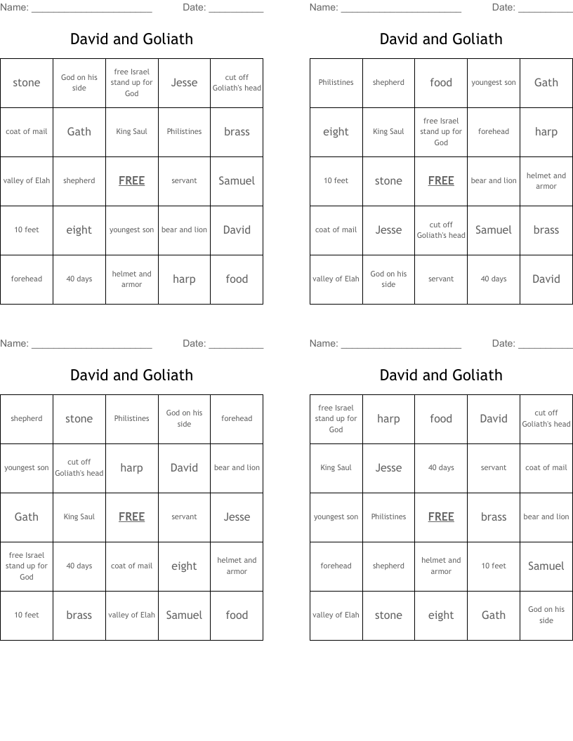 David and Goliath Bingo Cards
