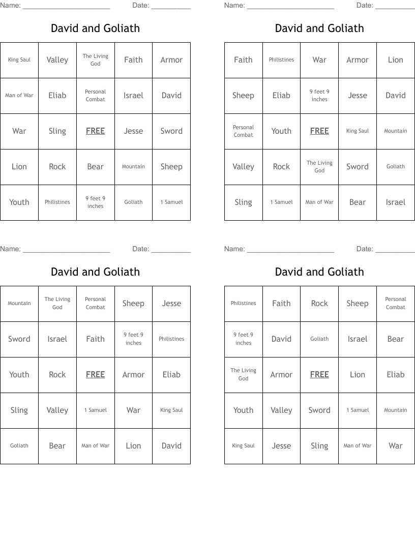 David and Goliath Bingo Cards