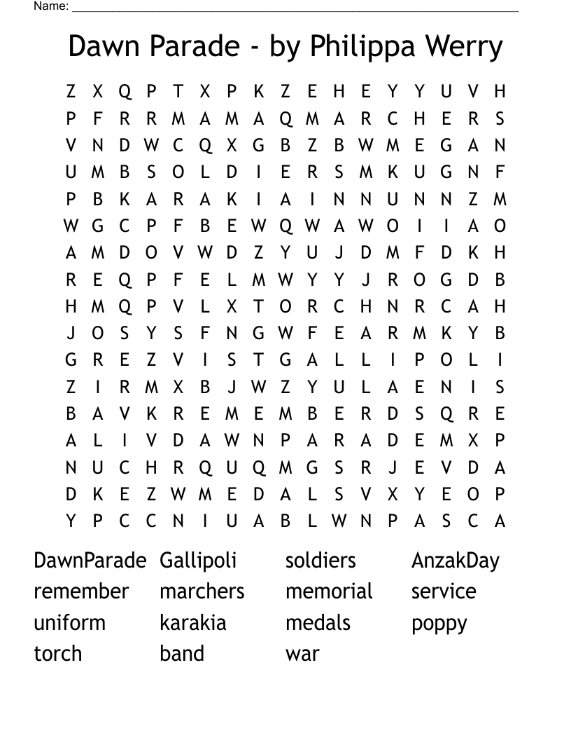 Dawn Parade - by Philippa Werry   Word Search