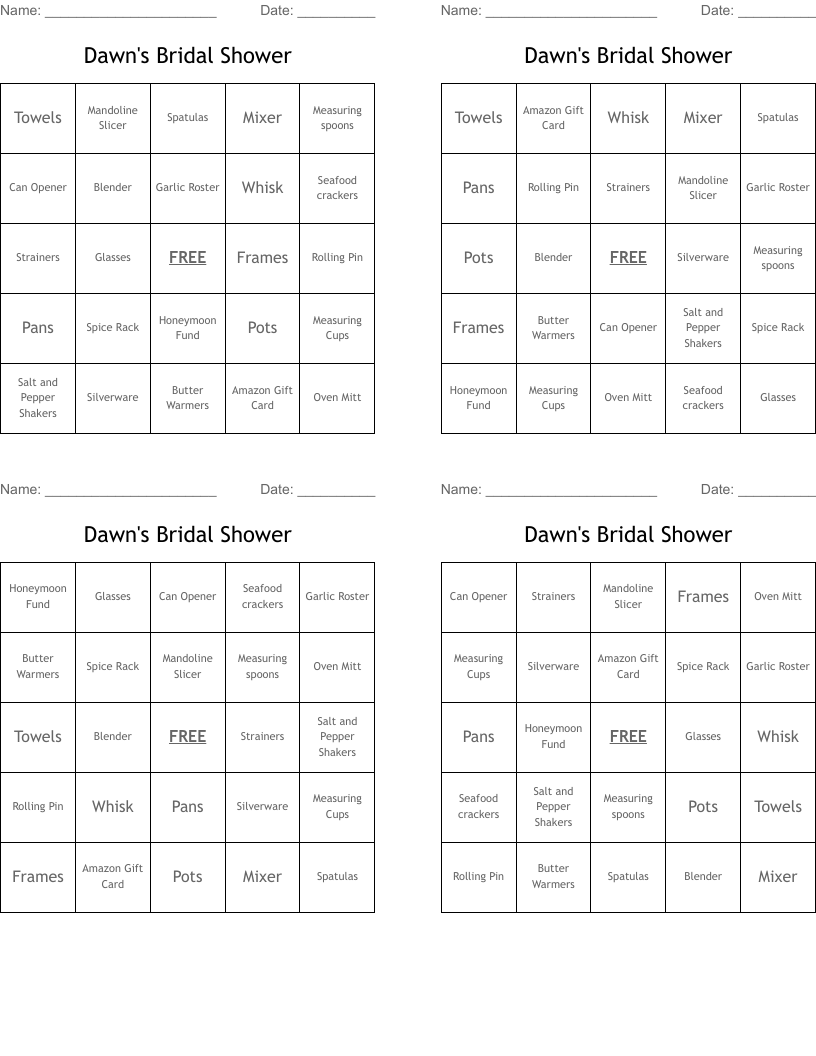 Dawn's Bridal Shower Bingo Cards