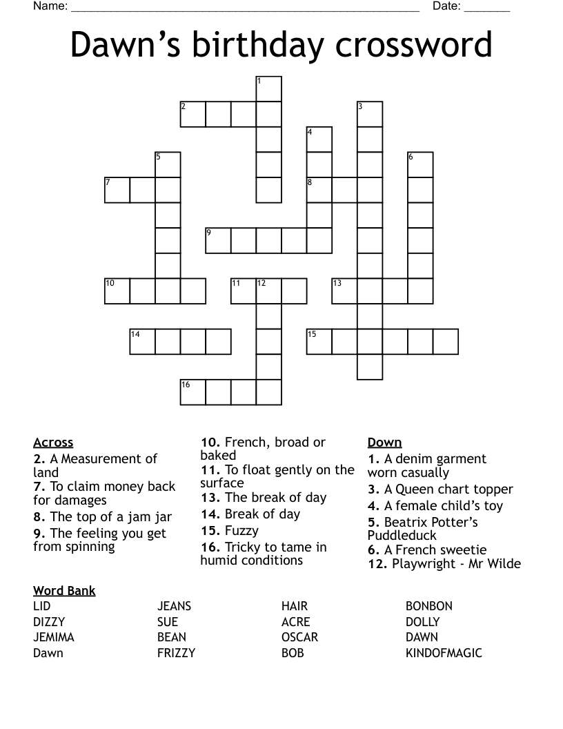 Dawn’s birthday crossword 