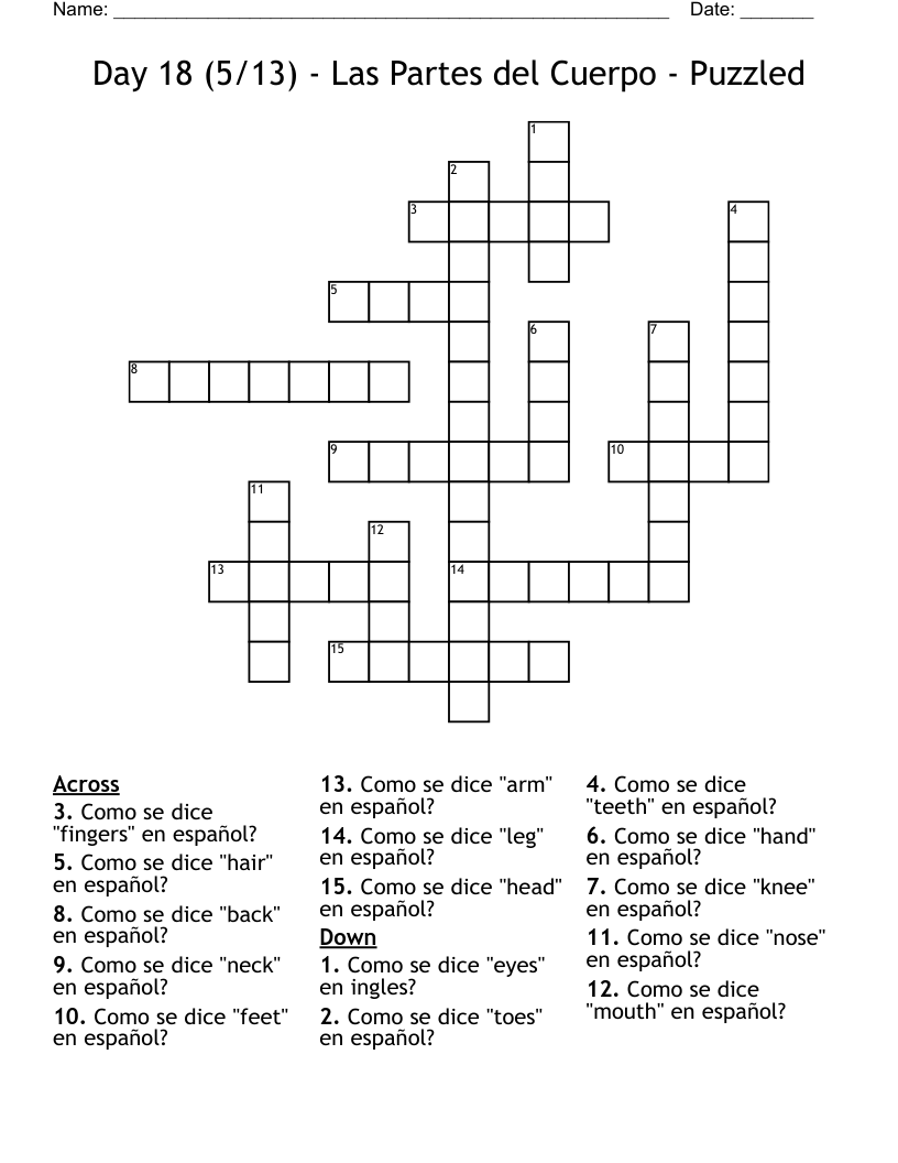 Day 18 (5/13) - Las Partes del Cuerpo - Puzzled Crossword