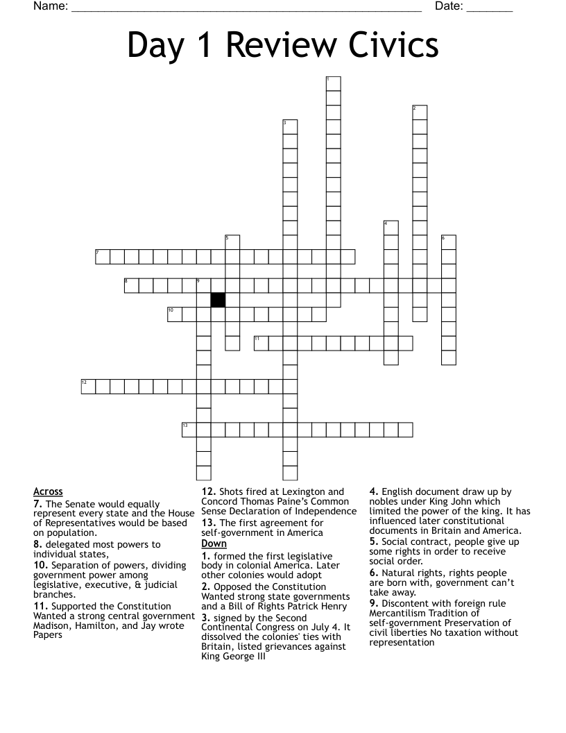 Day 1 Review Civics Crossword