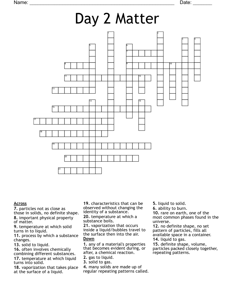 Day 2 Matter Crossword