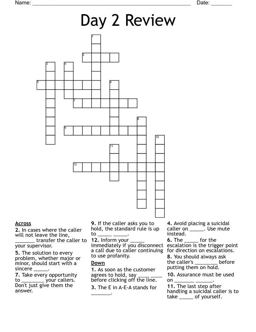 Day 2 Review Crossword