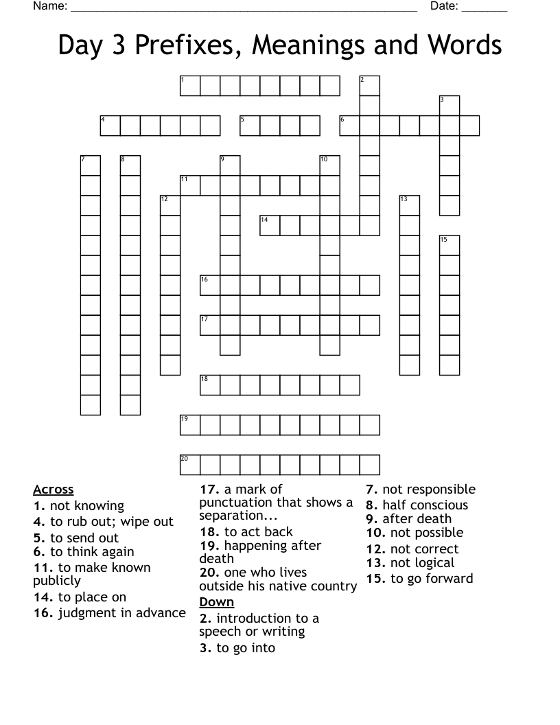 Day 3 Prefixes, Meanings and Words Crossword