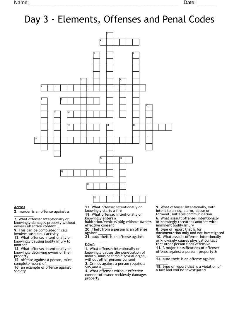 Day 3 - Elements, Offenses and Penal Codes Crossword