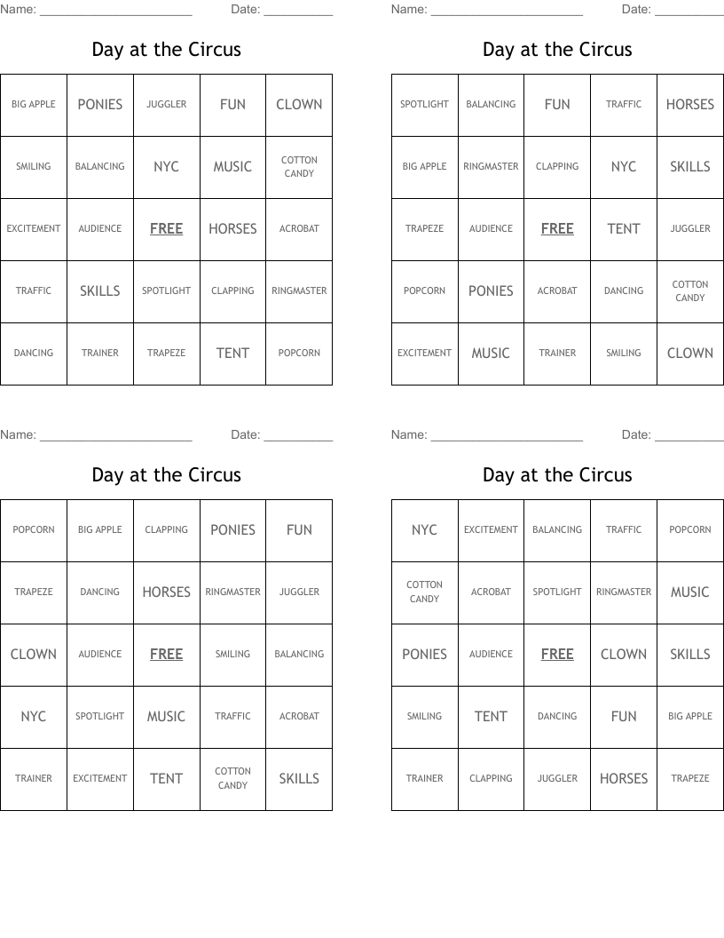 Day at the Circus Bingo Cards