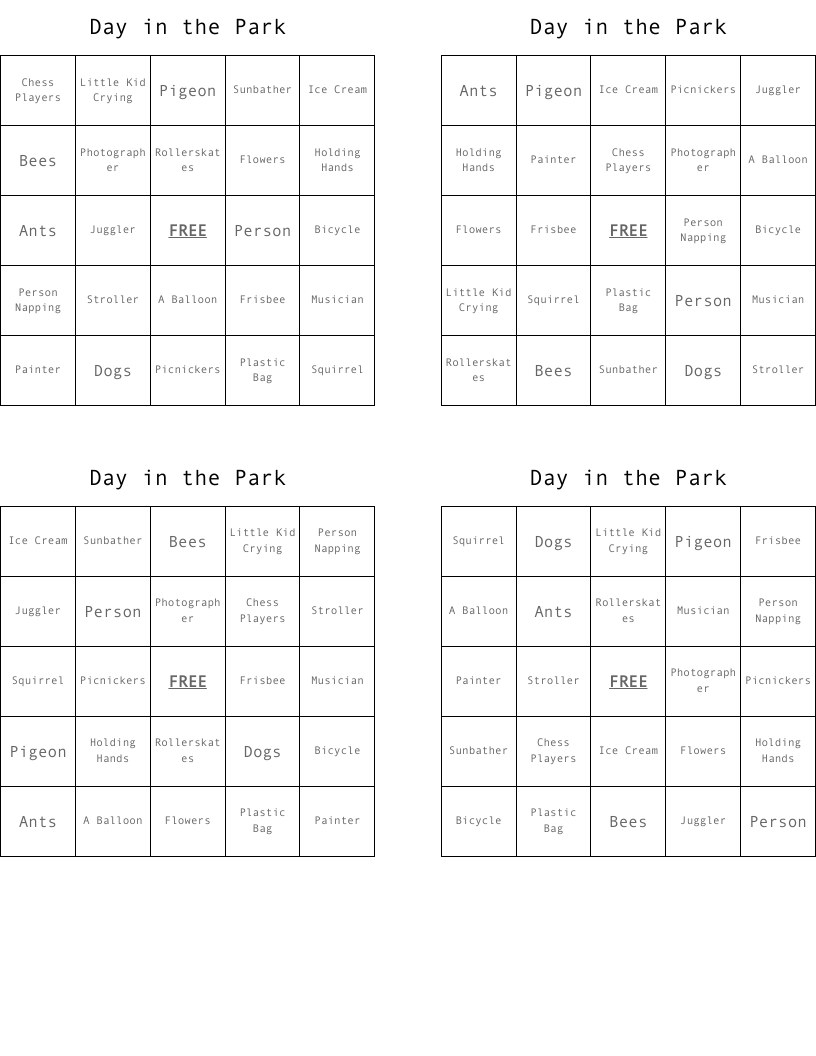 Day in the Park Bingo Cards