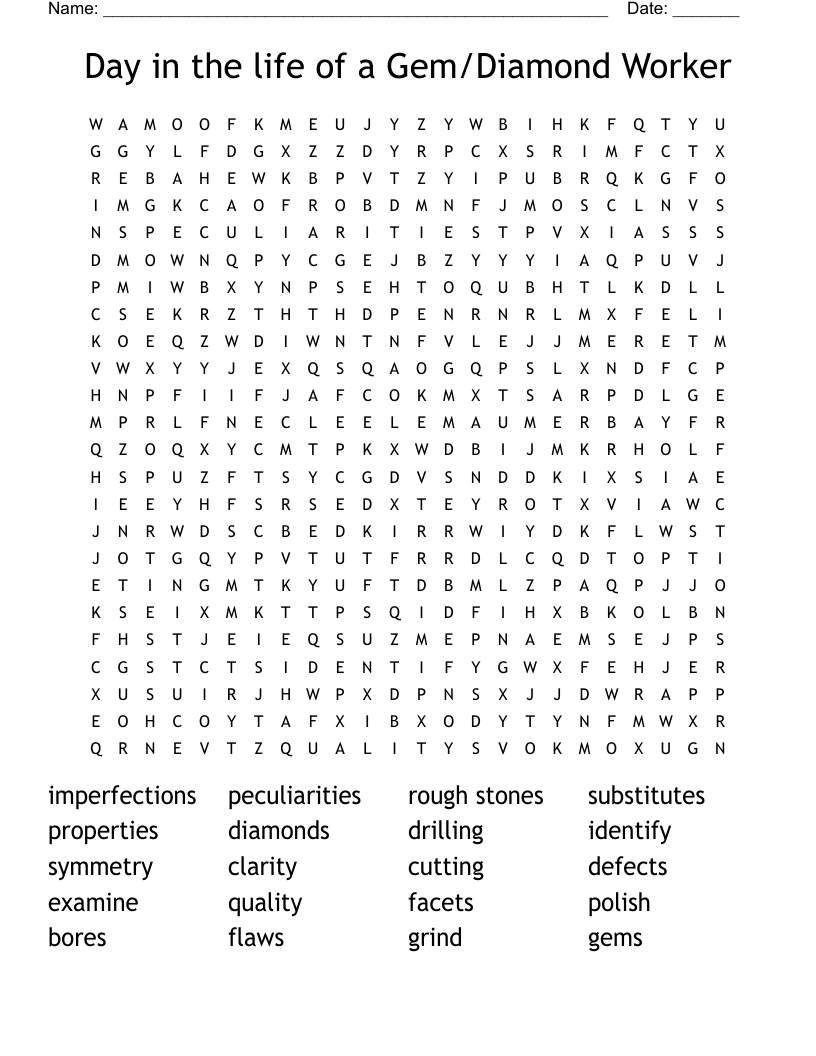 Day in the life of a Gem/Diamond Worker Word Search